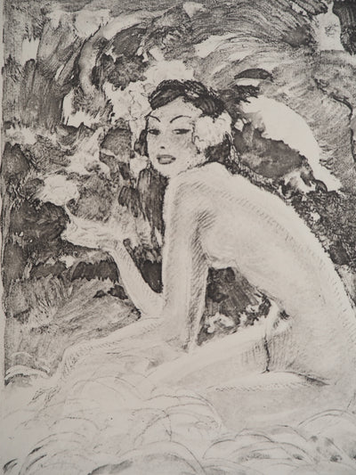 Jean-Gabriel DOMERGUE : Tahititienne aux cheveux fleuris (noir), Lithographie originale signée
