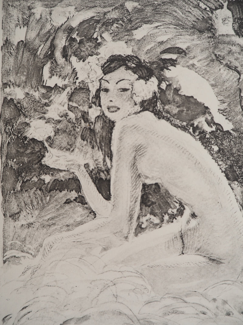 Jean-Gabriel DOMERGUE : Tahititienne aux cheveux fleuris (noir), Lithographie originale signée