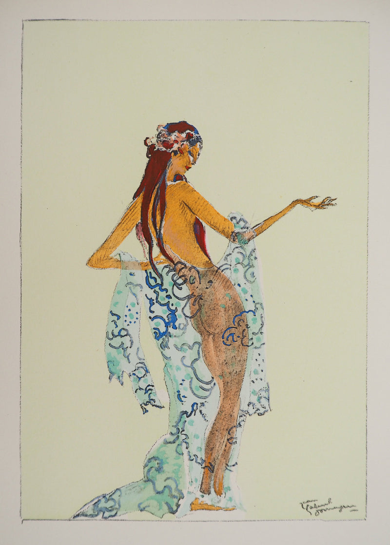 Jean-Gabriel DOMERGUE : Tahiti, nu au paréo, Lithographie originale signée