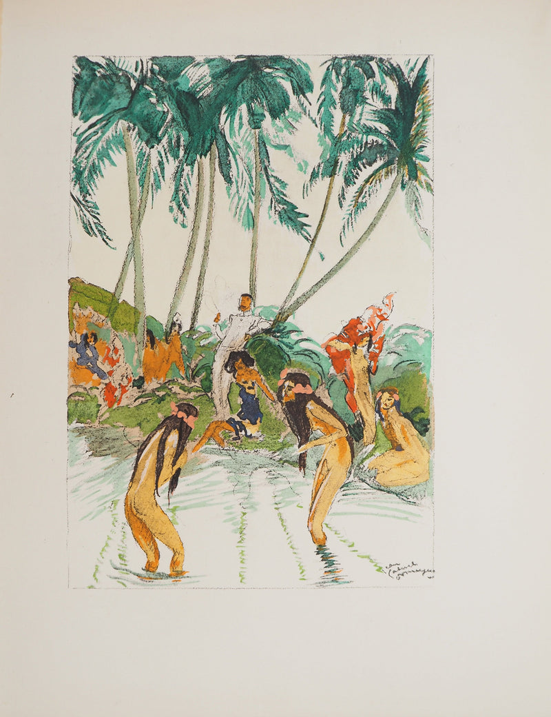 Jean-Gabriel DOMERGUE : Tahiti, Baignade sous les palmiers, Lithographie originale signée