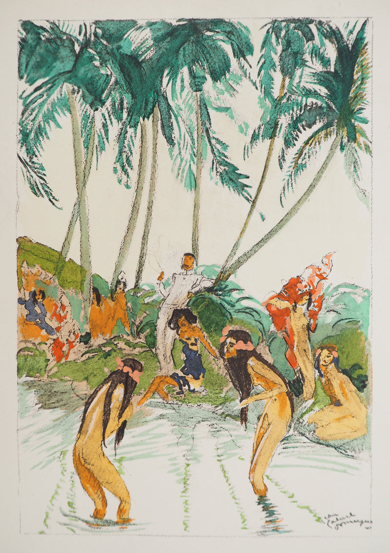 Jean-Gabriel DOMERGUE : Tahiti, Baignade sous les palmiers, Lithographie originale signée