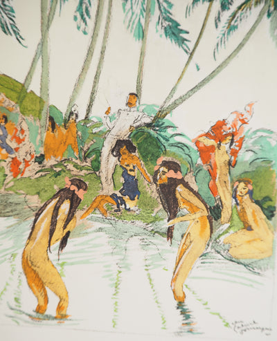Jean-Gabriel DOMERGUE : Tahiti, Baignade sous les palmiers, Lithographie originale signée