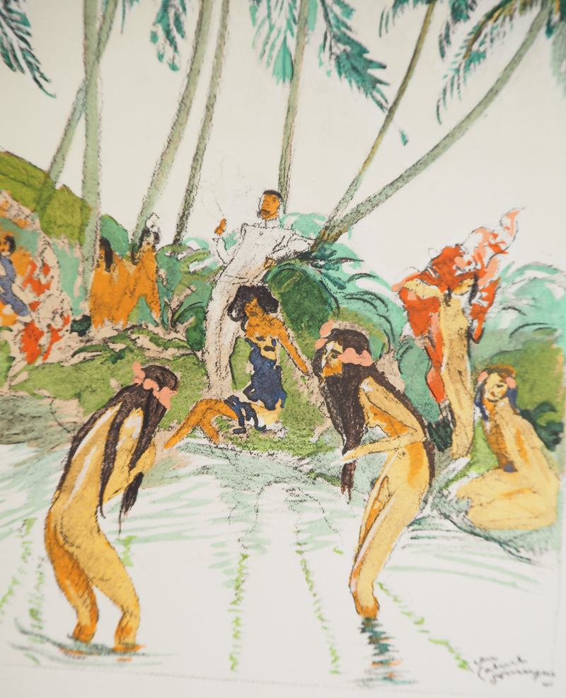 Jean-Gabriel DOMERGUE : Tahiti, Baignade sous les palmiers, Lithographie originale signée