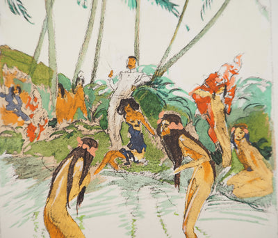 Jean-Gabriel DOMERGUE : Tahiti, Baignade sous les palmiers, Lithographie originale signée