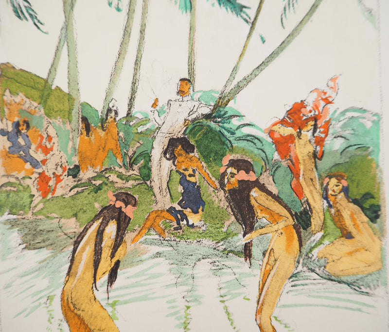 Jean-Gabriel DOMERGUE : Tahiti, Baignade sous les palmiers, Lithographie originale signée