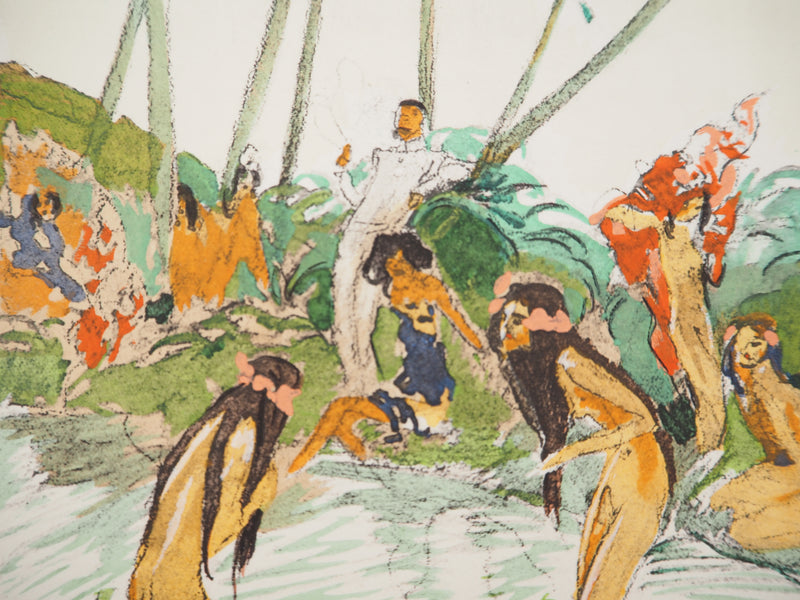 Jean-Gabriel DOMERGUE : Tahiti, Baignade sous les palmiers, Lithographie originale signée