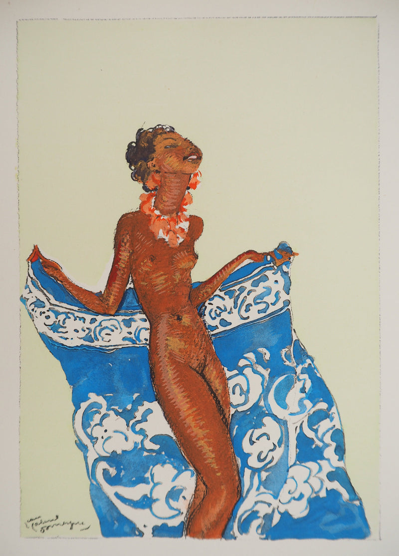 Jean-Gabriel DOMERGUE : Tahiti, nu joyeux, Lithographie originale signée