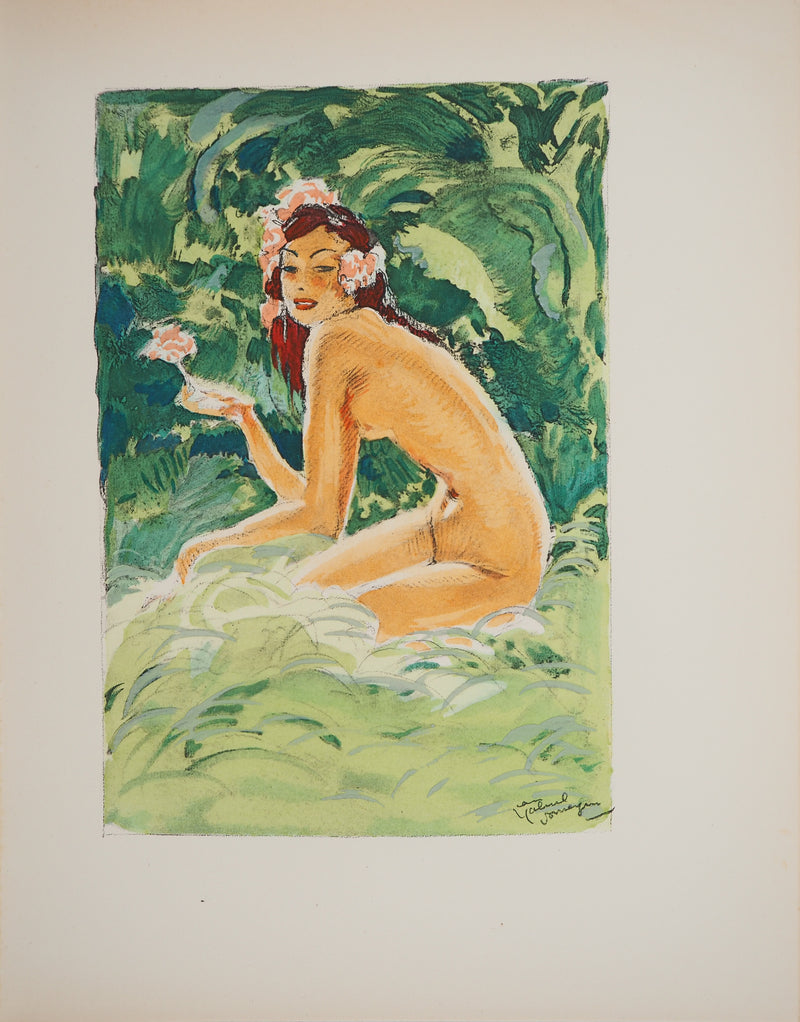 Jean-Gabriel DOMERGUE : Tahititienne aux cheveux fleuris, Lithographie originale signée