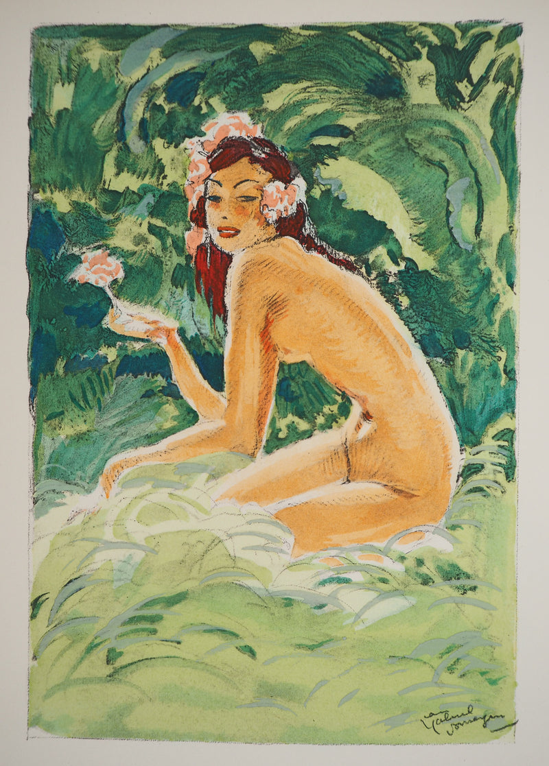 Jean-Gabriel DOMERGUE : Tahititienne aux cheveux fleuris, Lithographie originale signée