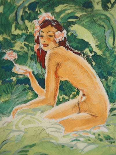 Jean-Gabriel DOMERGUE : Tahititienne aux cheveux fleuris, Lithographie originale signée