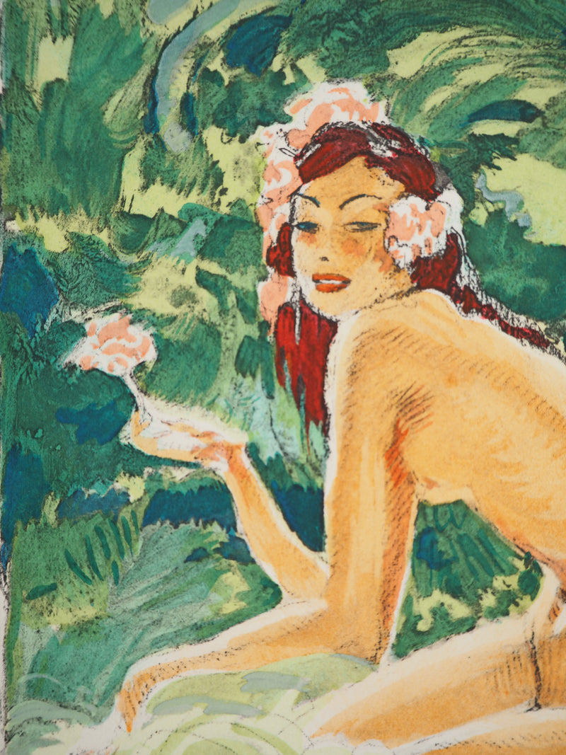 Jean-Gabriel DOMERGUE : Tahititienne aux cheveux fleuris, Lithographie originale signée