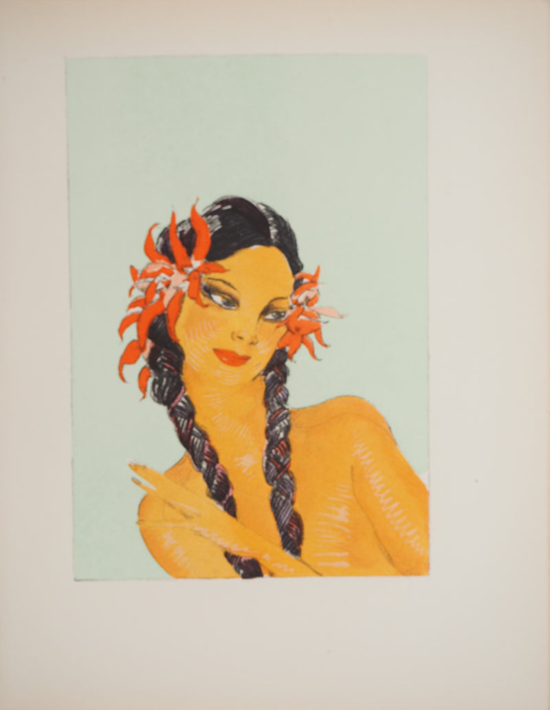 Jean-Gabriel DOMERGUE : Tahititienne aux fleurs d&