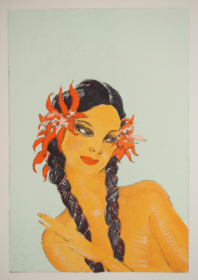 Jean-Gabriel DOMERGUE : Tahititienne aux fleurs d&