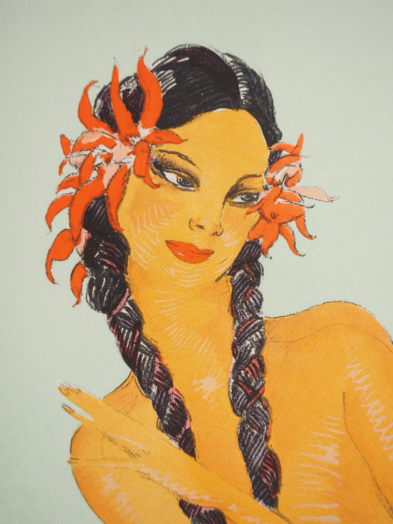 Jean-Gabriel DOMERGUE : Tahititienne aux fleurs d&
