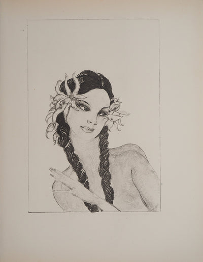 Jean-Gabriel DOMERGUE : Tahititienne aux fleurs d'hibiscus (noir), Lithographie originale