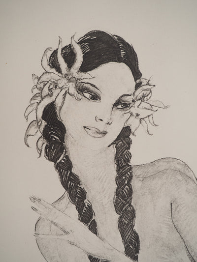Jean-Gabriel DOMERGUE : Tahititienne aux fleurs d'hibiscus (noir), Lithographie originale