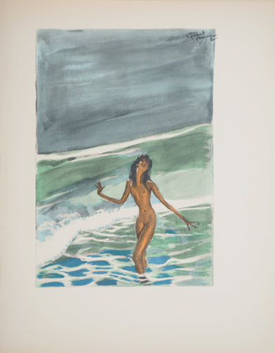 Jean-Gabriel DOMERGUE : Tahiti, nu se baignant dans un lagon, Lithographie originale signée