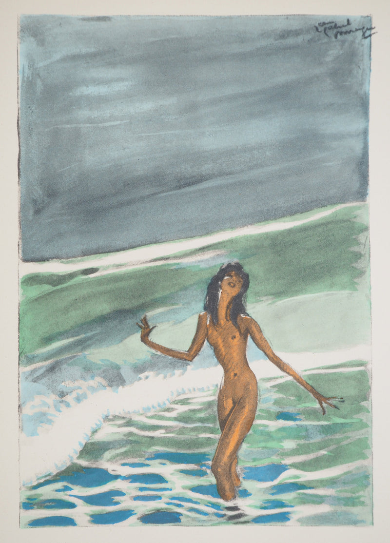 Jean-Gabriel DOMERGUE : Tahiti, nu se baignant dans un lagon, Lithographie originale signée