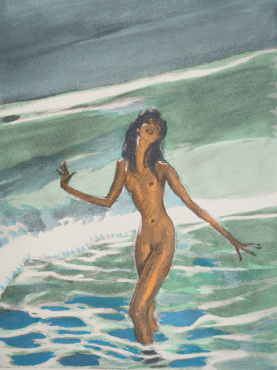 Jean-Gabriel DOMERGUE : Tahiti, nu se baignant dans un lagon, Lithographie originale signée