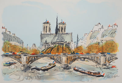 Urbain HUCHET : La Seine et Notre Dame de Paris, Lithographie originale (vue générale) - Crédit photo : Galerie Art.Paris