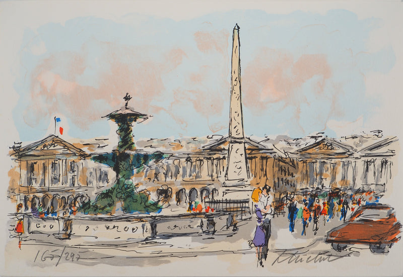 Urbain HUCHET : Place de la Concorde et Obélisque, Lithographie originale (vue générale) - Crédit photo : Galerie Art.Paris