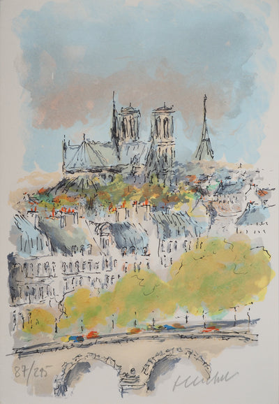 Urbain HUCHET : Notre Dame et les toits de Paris, Lithographie originale (vue générale) - Crédit photo : Galerie Art.Paris