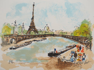 Urbain HUCHET : Paris, la Tour Eiffel vue des quais, Lithographie originale (vue générale) - Crédit photo : Galerie Art.Paris