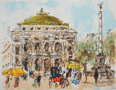 Urbain HUCHET : Place de l'Opéra, Lithographie originale (vue générale) - Crédit photo : Galerie Art.Paris