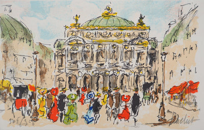 Urbain HUCHET : L'arrivée à l'Opéra Garnier, Lithographie originale (vue générale) - Crédit photo : Galerie Art.Paris