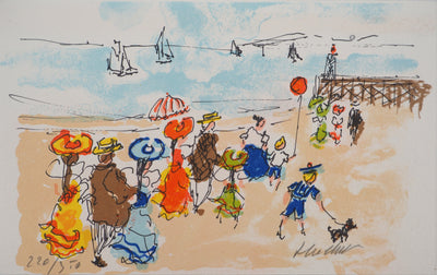 Urbain HUCHET : La plage à Deauville
 , Lithographie originale (vue générale) - Crédit photo : Galerie Art.Paris