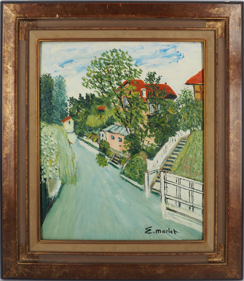 Elisée MACLET : Maisons en bord de rivière, Huile sur panneau signée