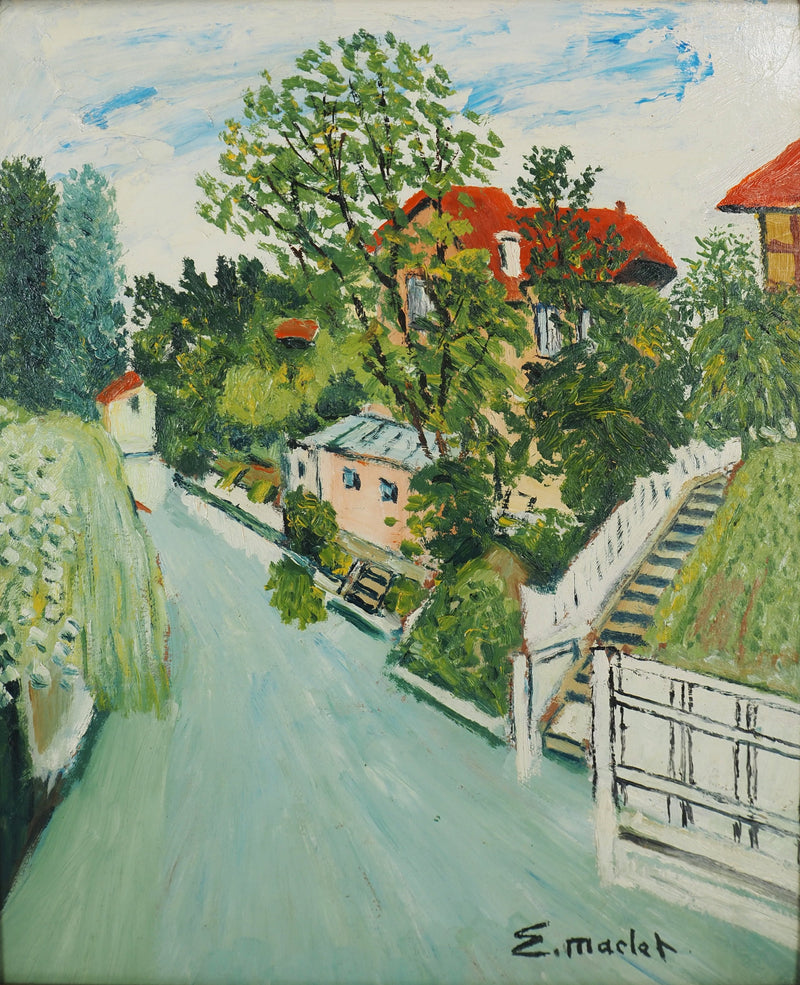 Elisée MACLET : Maisons en bord de rivière, Huile sur panneau signée