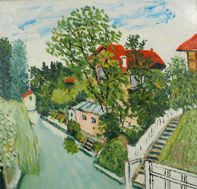 Elisée MACLET : Maisons en bord de rivière, Huile sur panneau signée