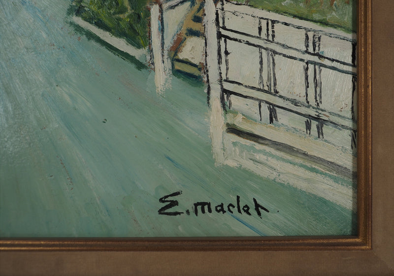 Elisée MACLET : Maisons en bord de rivière, Huile sur panneau signée