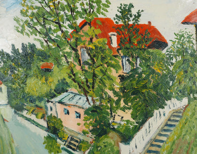 Elisée MACLET : Maisons en bord de rivière, Huile sur panneau signée