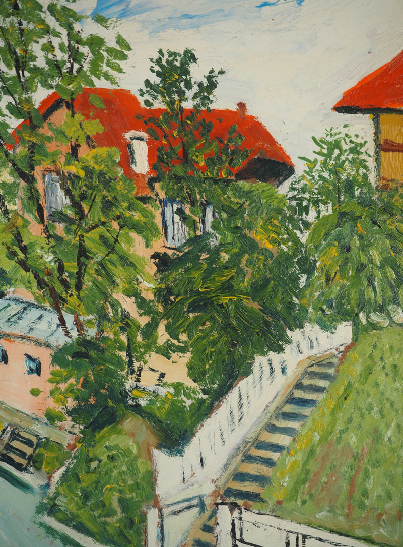 Elisée MACLET : Maisons en bord de rivière, Huile sur panneau signée
