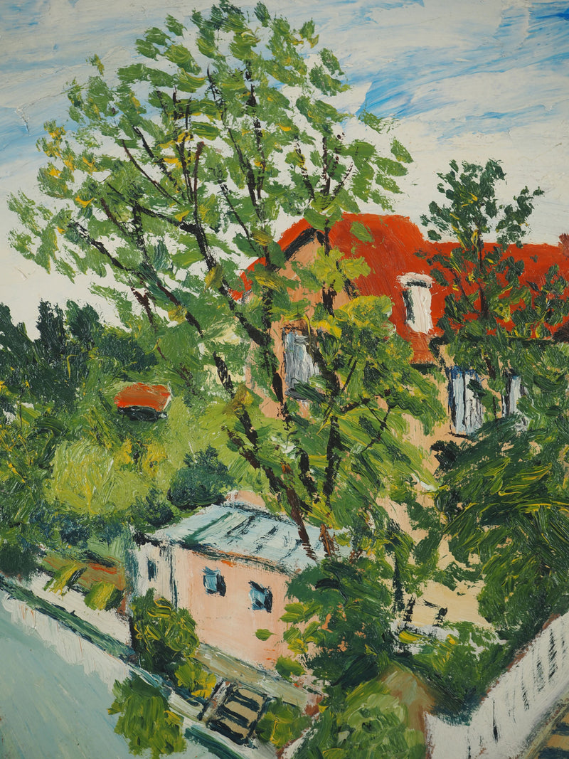 Elisée MACLET : Maisons en bord de rivière, Huile sur panneau signée