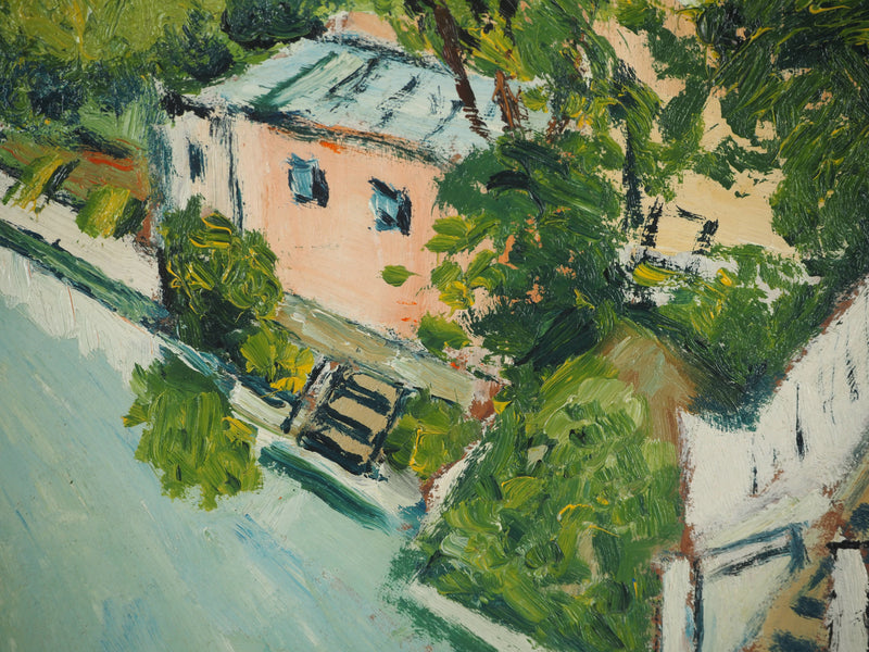 Elisée MACLET : Maisons en bord de rivière, Huile sur panneau signée