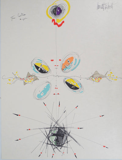 Raymond MORETTI : Visages et poissons, Lithographie originale (vue générale) - Crédit photo : Galerie Art.Paris