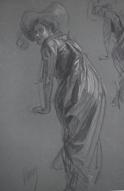 Jules CHERET : Etude femme au balcon de l'opéra, Dessin original signé
