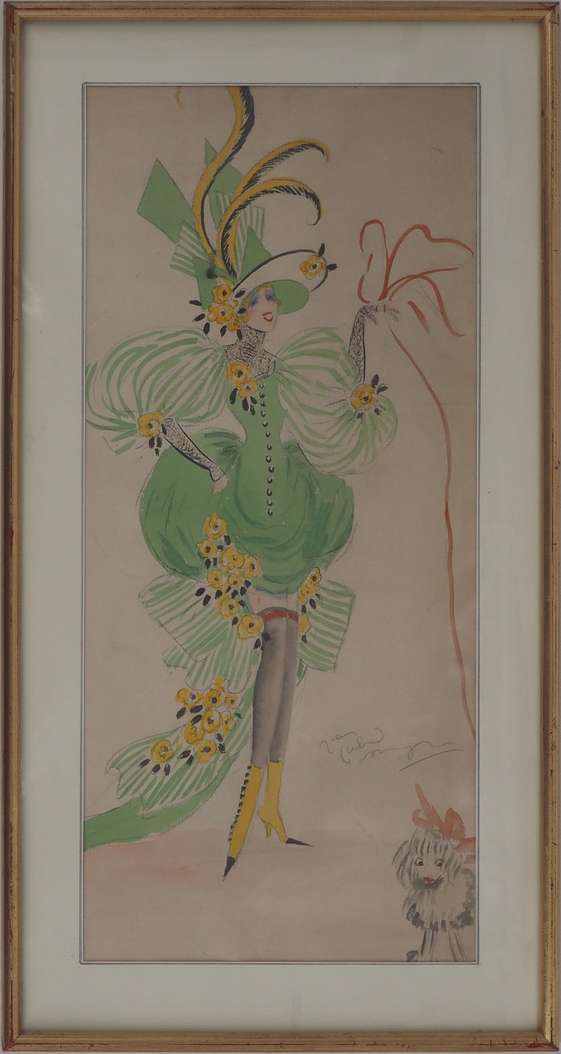 Jean Gabriel DOMERGUE : Bal du printemps et son petit chien, Aquarelle originale signée