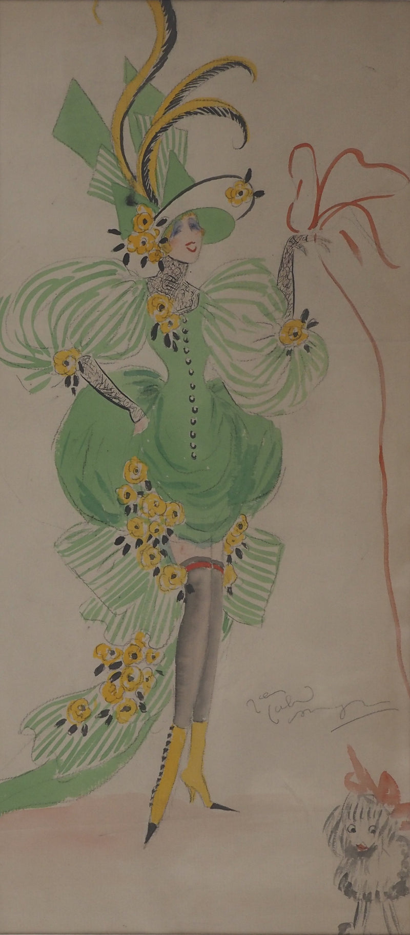 Jean Gabriel DOMERGUE : Bal du printemps et son petit chien, Aquarelle originale signée