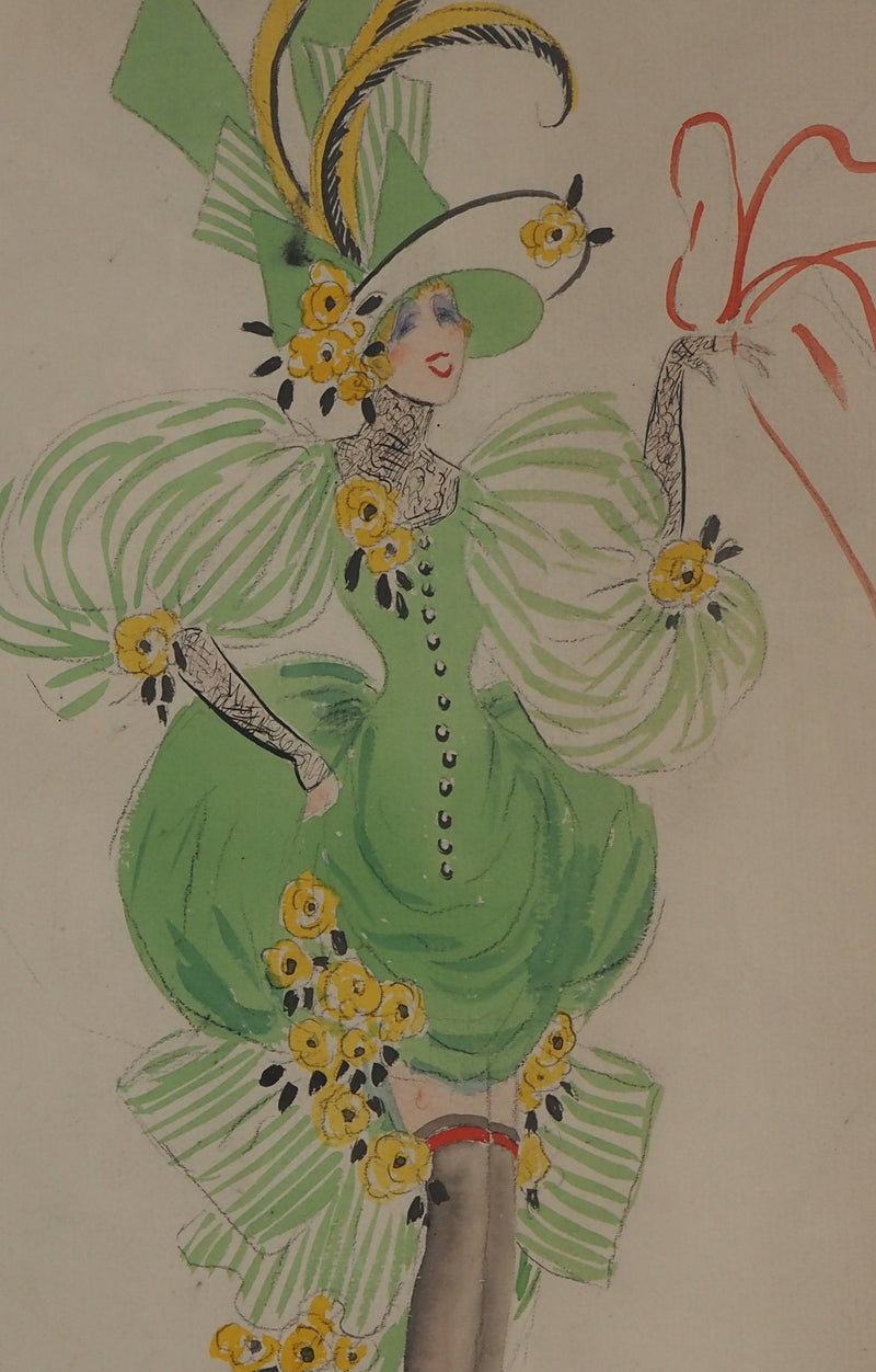 Jean Gabriel DOMERGUE : Bal du printemps et son petit chien, Aquarelle originale signée