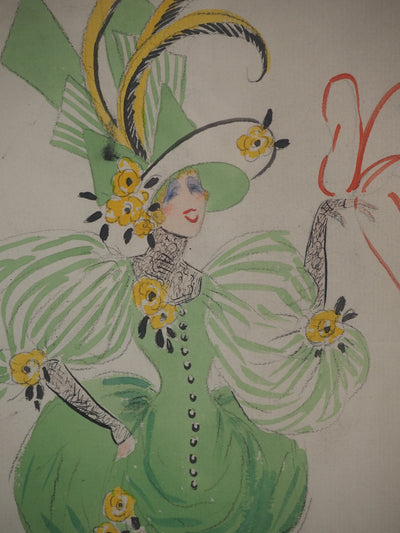 Jean Gabriel DOMERGUE : Bal du printemps et son petit chien, Aquarelle originale signée