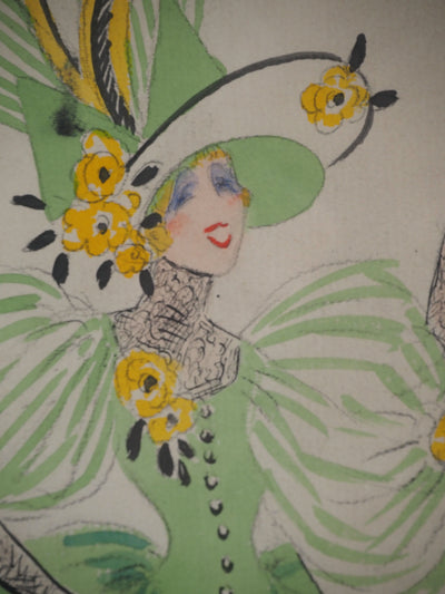 Jean Gabriel DOMERGUE : Bal du printemps et son petit chien, Aquarelle originale signée