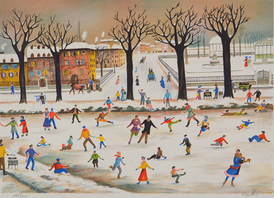 UGELLI : Jeux d'hiver, la patinoire, Lithographie originale signée