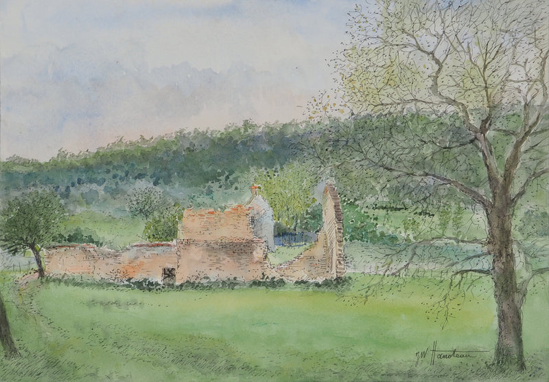 Jean William HANOTEAU : Paysage et ruines, Aquarelle originale (vue générale) - Crédit photo : Galerie Art.Paris