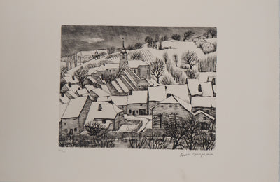 André JACQUEMIN : Village Suisse sous la neige d’hiver, Gravure originale (vue générale) - Crédit photo : Galerie Art.Paris