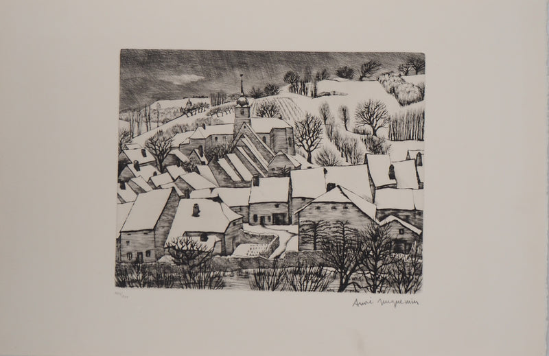 André JACQUEMIN : Village Suisse sous la neige d’hiver, Gravure originale (vue générale) - Crédit photo : Galerie Art.Paris