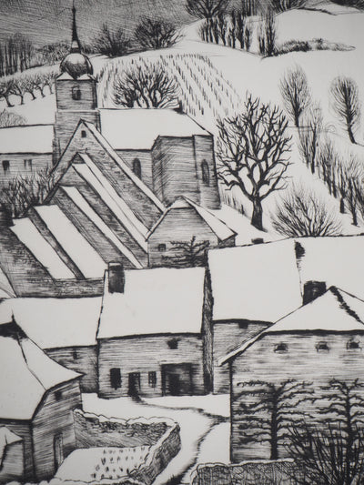 André JACQUEMIN : Village Suisse sous la neige d’hiver, Gravure originale (photo de détail 4) - Crédit photo : Galerie Art.Paris